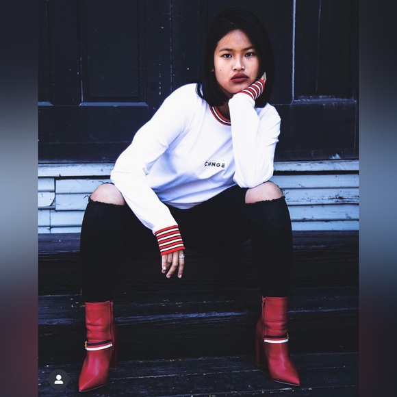 Red Faux Leather Ankle Booties with Grosgrain Buckle Trim - Picture 5 of 9